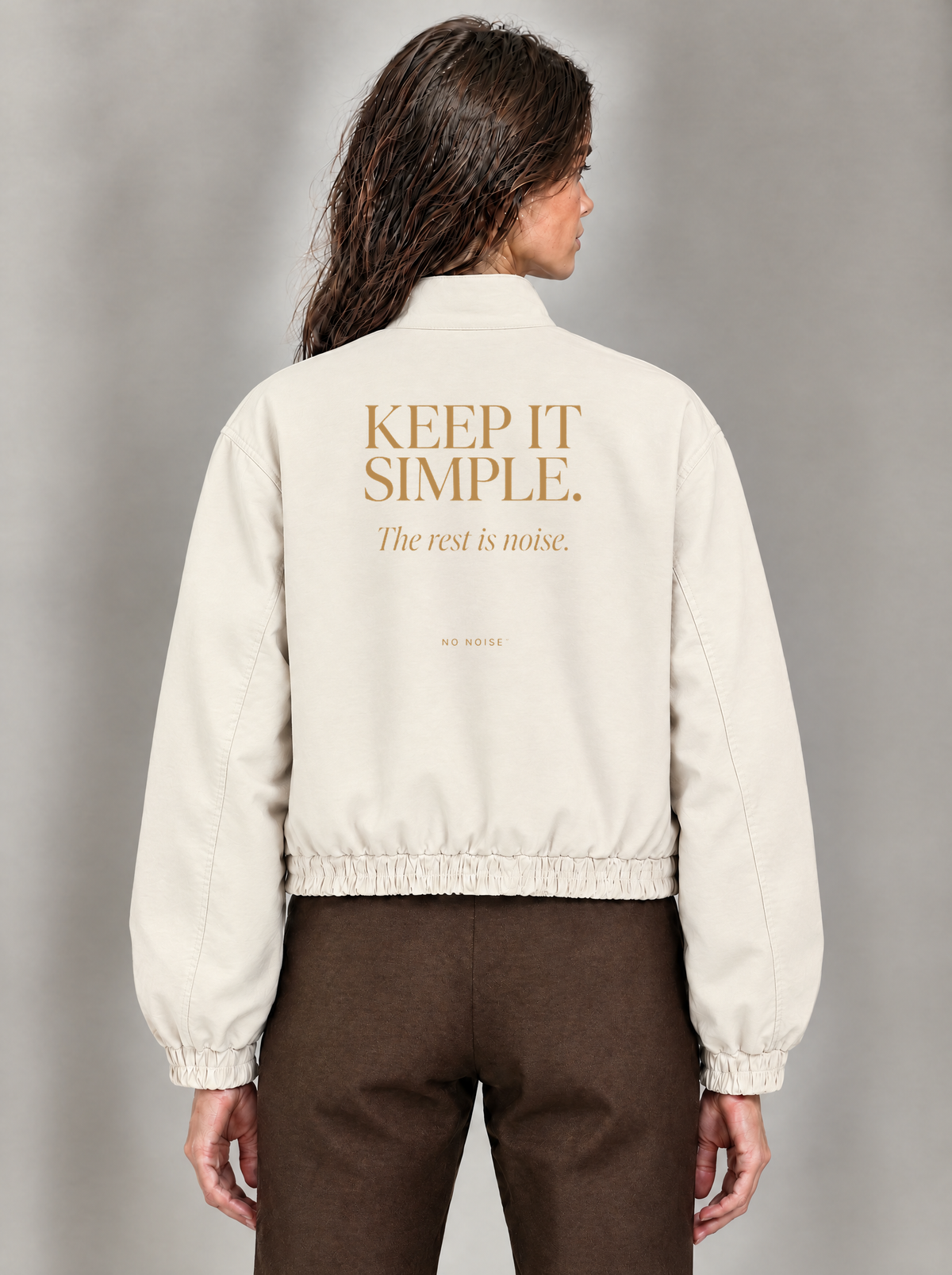 NO NOISE Silent Bomber in Cream, back model illustration with original Keep It Simple artwork and gathered cuffs and hem.