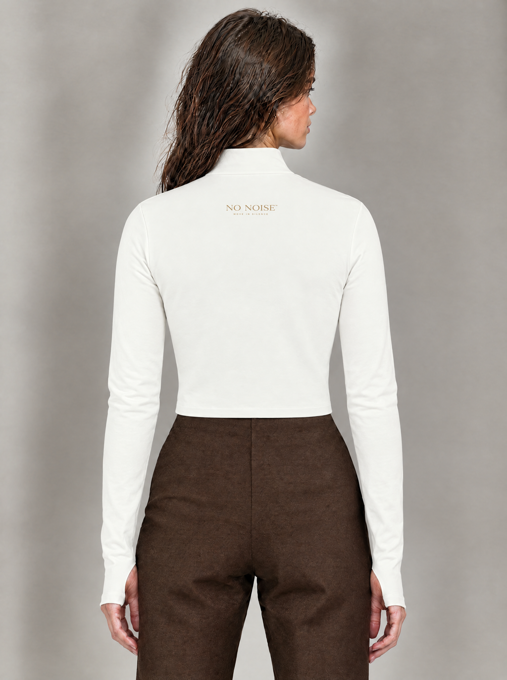 NO NOISE Form Cropped Jacket in Chalk, back model illustration showing cropped hem and small gold branding.
