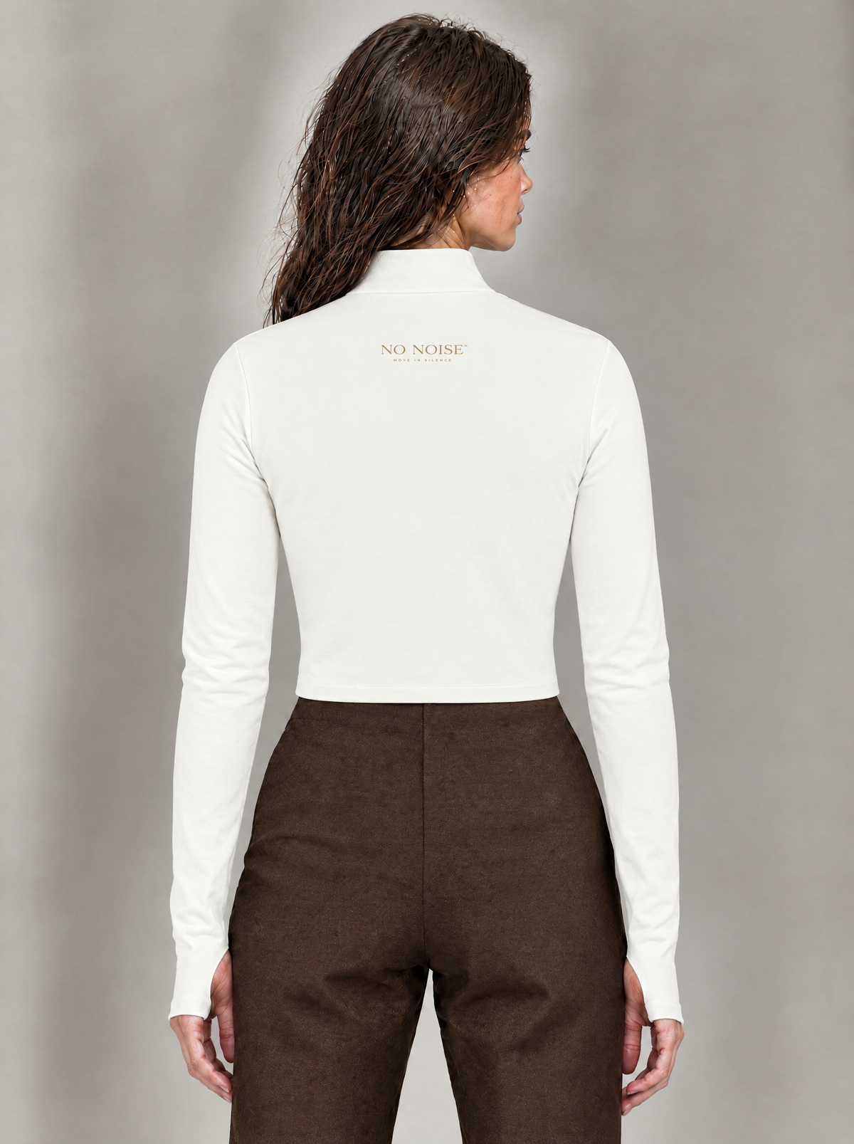 NO NOISE Form Cropped Jacket in Chalk, back model illustration showing cropped hem and small gold branding.