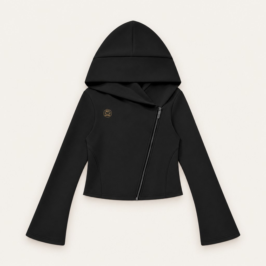 Black Original Signal asymmetric zip hoodie with small antique-gold NO NOISE chest logo, flatlay mockup.