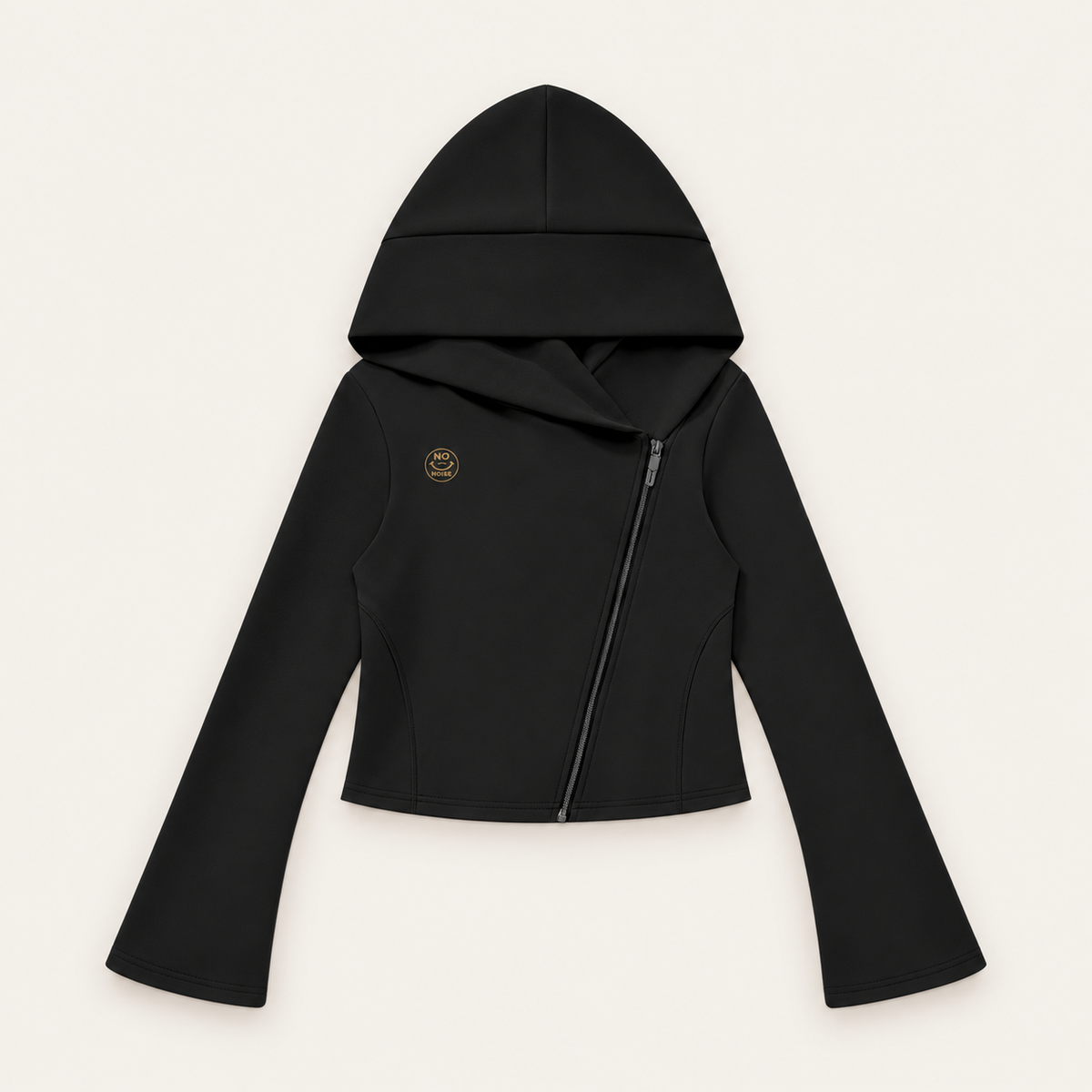 Black Original Signal asymmetric zip hoodie with small antique-gold NO NOISE chest logo, flatlay mockup.