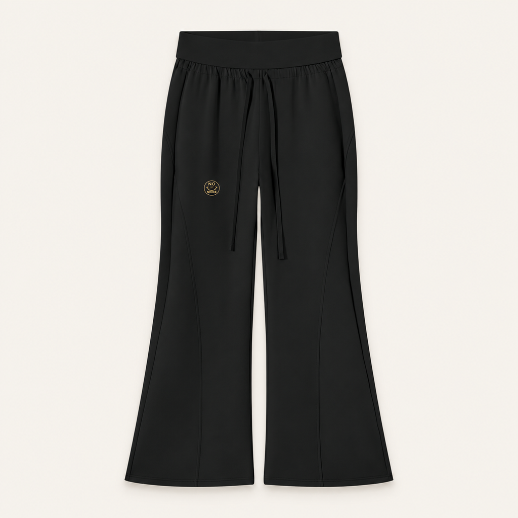 Black Original Signal flared sweatpants with drawstring waist and small gold NO NOISE thigh logo, flatlay mockup.