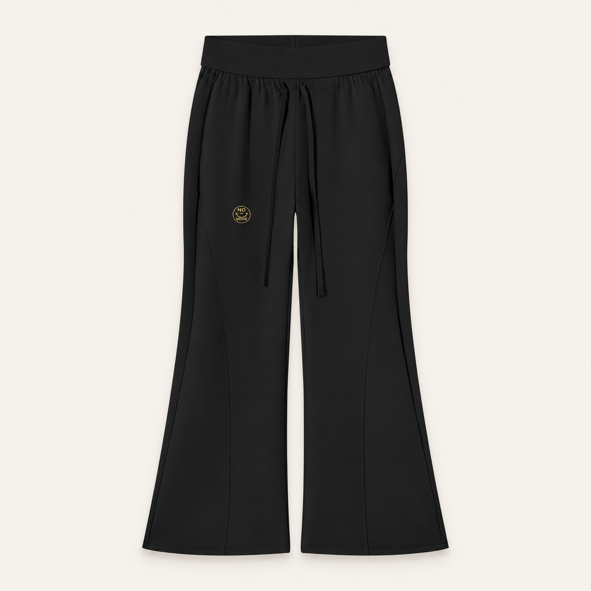 Black Original Signal flared sweatpants with drawstring waist and small gold NO NOISE thigh logo, flatlay mockup.