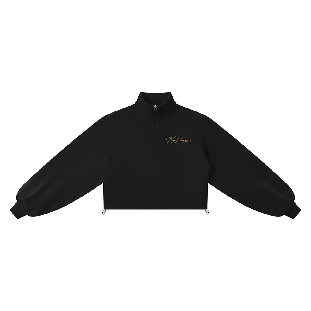 NO NOISE WORLD black cropped mock-neck quarter-zip sweatshirt with long sleeves and a minimalist script logo on the chest.