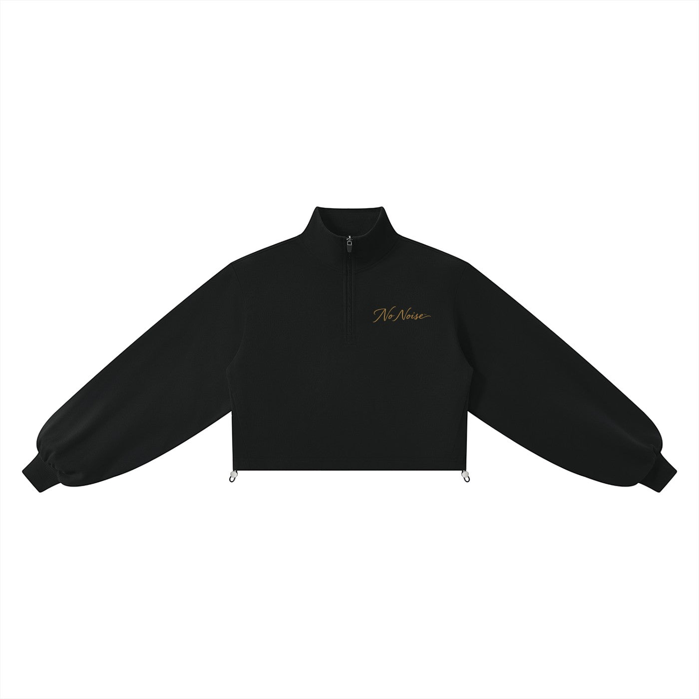 NO NOISE WORLD black cropped mock-neck quarter-zip sweatshirt with long sleeves and a minimalist script logo on the chest.