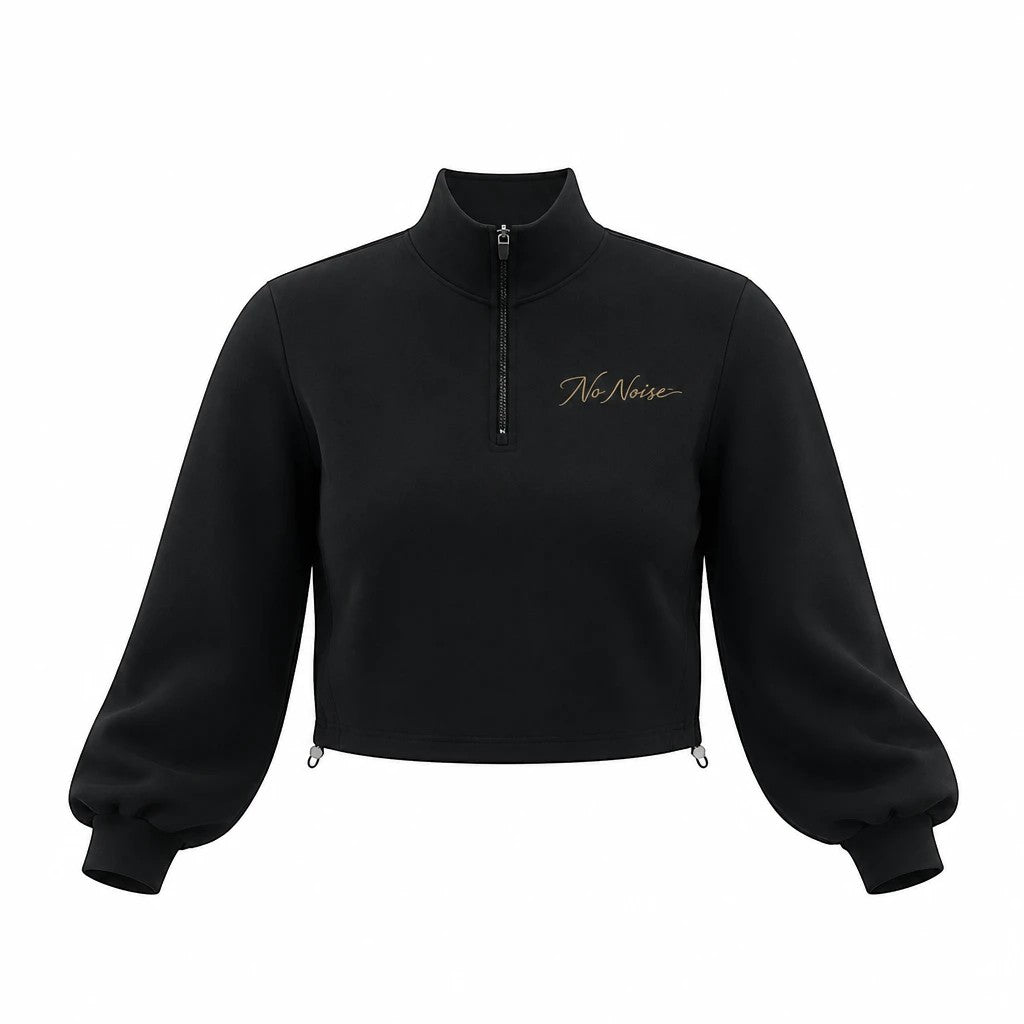 NO NOISE WORLD black cropped mock-neck quarter-zip sweatshirt with long sleeves and gold embroidered logo