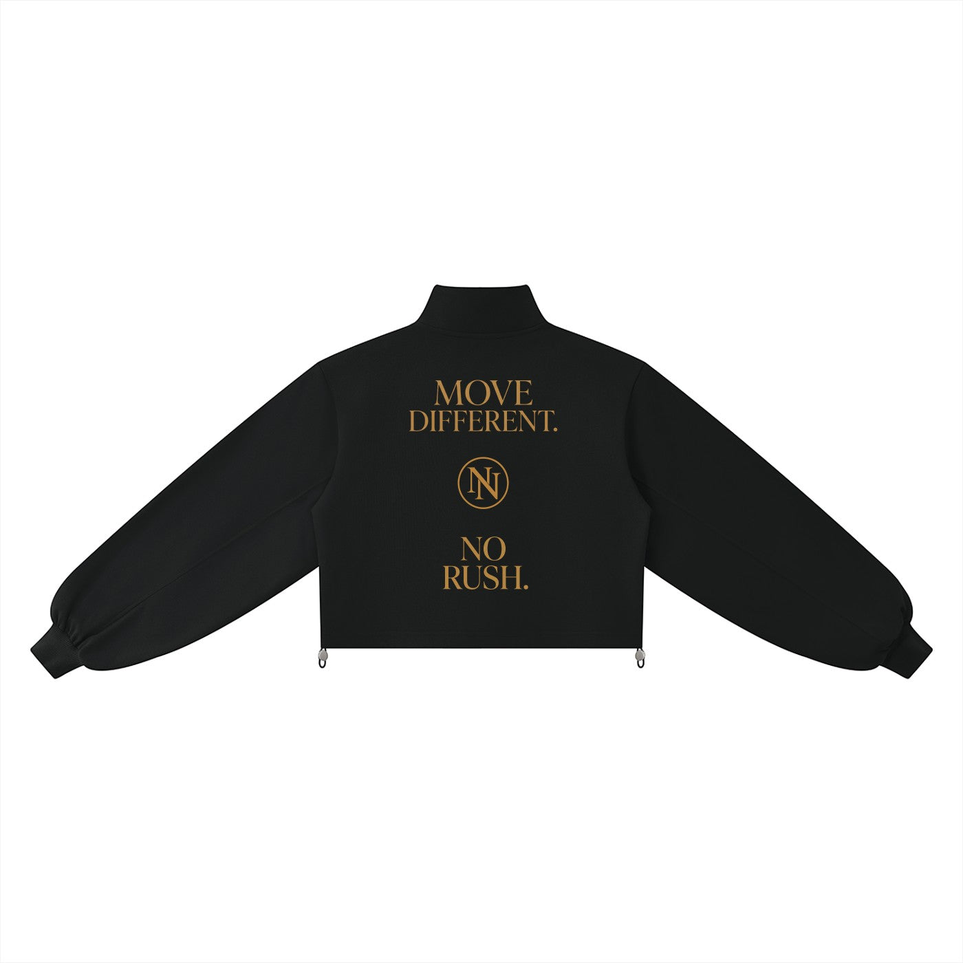 NO NOISE WORLD black mock-neck quarter-zip cropped sweatshirt with gold Move Different No Rush graphic on the back