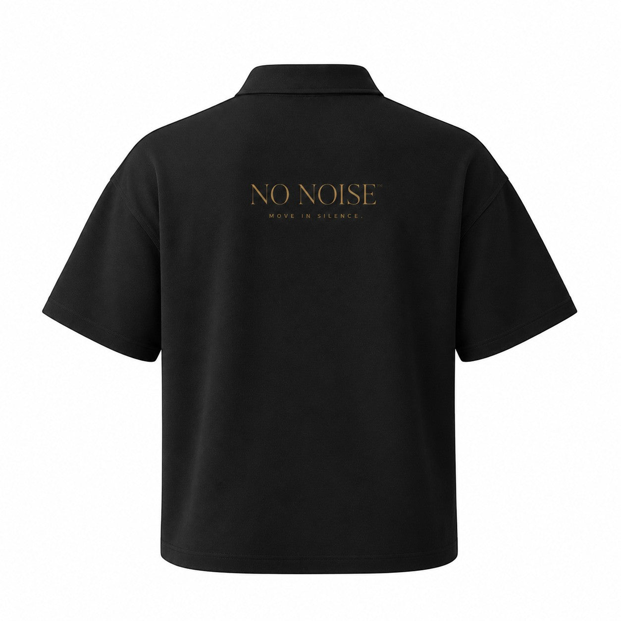 Back view of a black NO NOISE WORLD drop shoulder polo shirt featuring a gold brand logo print on the upper back.