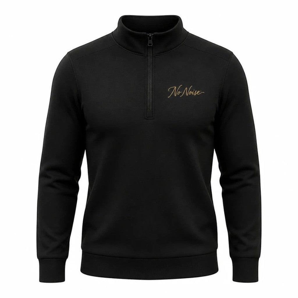 NO NOISE WORLD black quarter-zip track jacket with gold script logo embroidery on the chest and ribbed trim