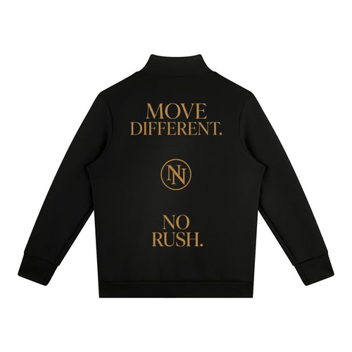 NO NOISE WORLD black quarter zip sweatshirt featuring gold MOVE DIFFERENT and NO RUSH text with a central logo.