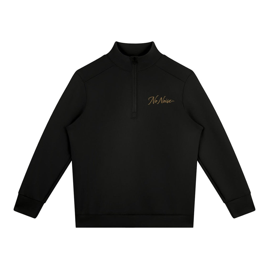 NO NOISE WORLD black quarter zip pullover with stand collar, long sleeves, and gold script logo on the chest.