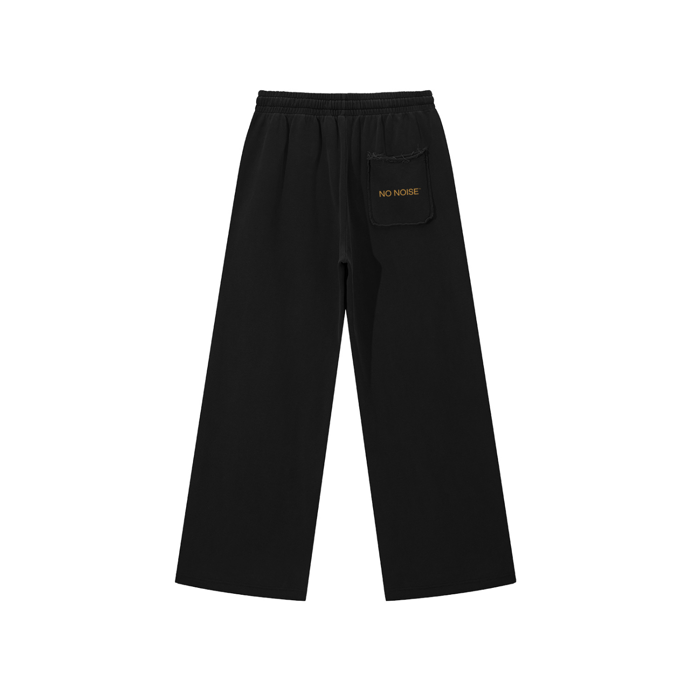 NO NOISE WORLD black heavyweight cotton sweatpants with a drawstring waist and raw edge back pocket detail.
