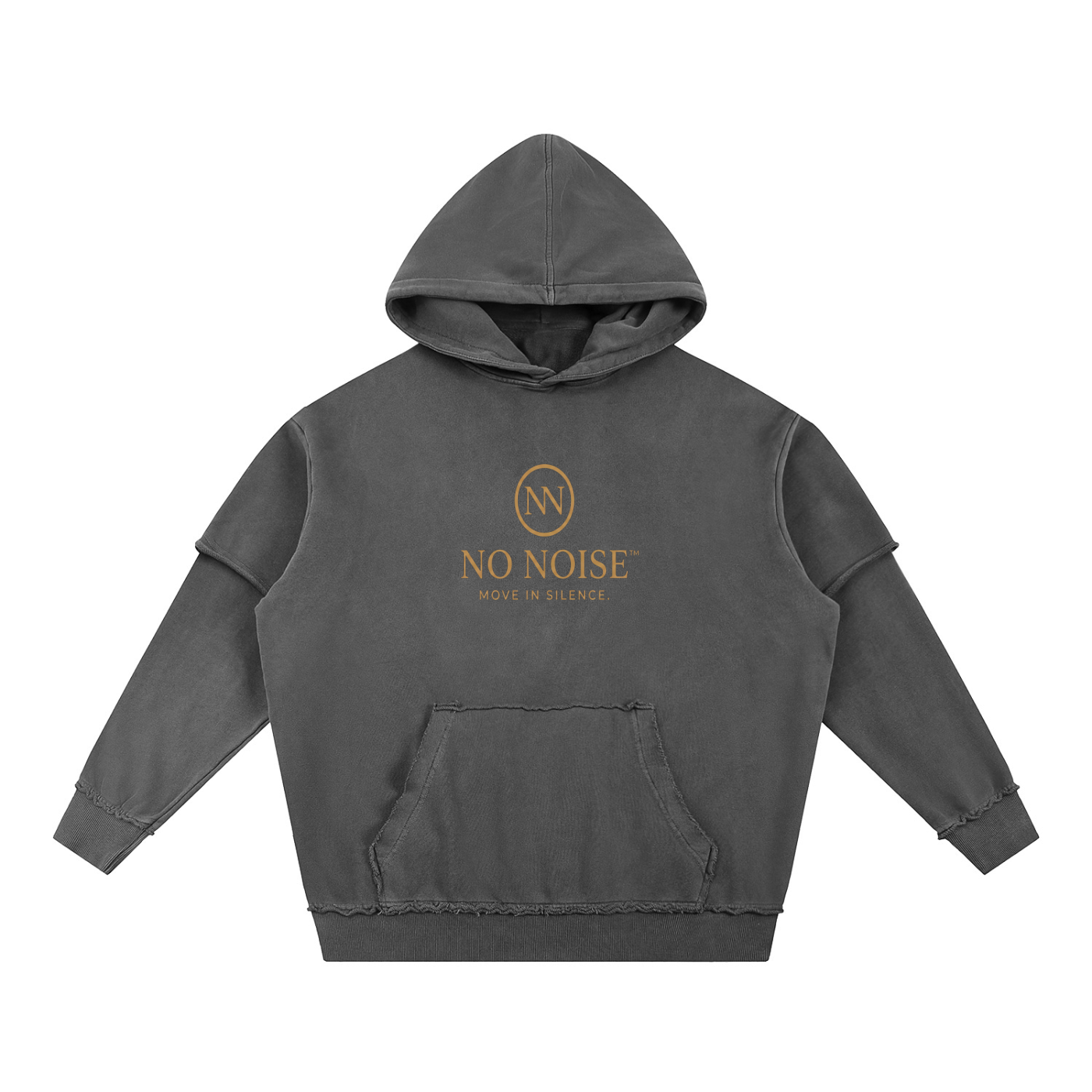 NO NOISE WORLD double-layered cotton hoodie in charcoal grey with a snow-washed finish and patchwork panelling.