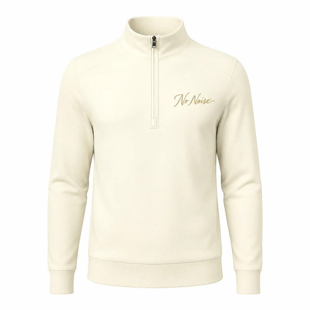 NO NOISE WORLD cream half-zip track jacket with minimalist script logo on the chest and ribbed cuffs