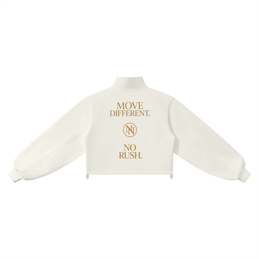 NO NOISE WORLD cream mock-neck quarter-zip sweatshirt with long sleeves and brown graphic print on the back.