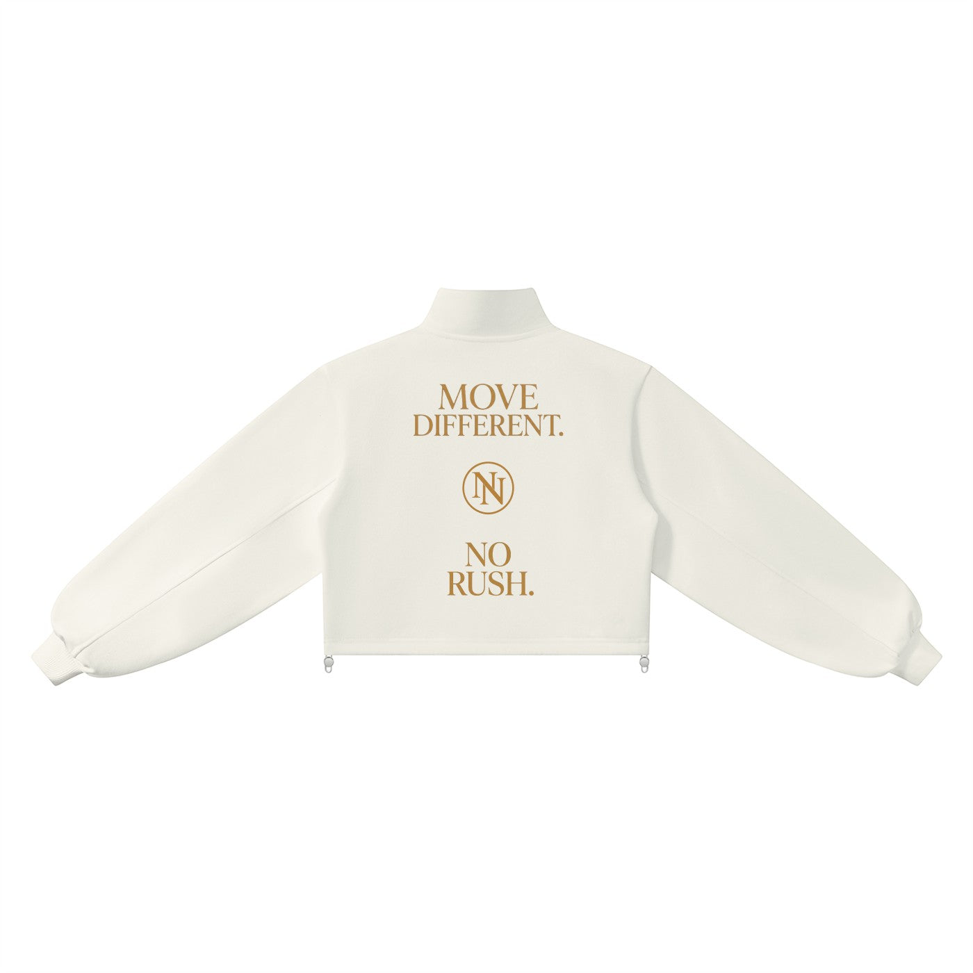 NO NOISE WORLD cream mock-neck quarter-zip sweatshirt with long sleeves and brown graphic print on the back.