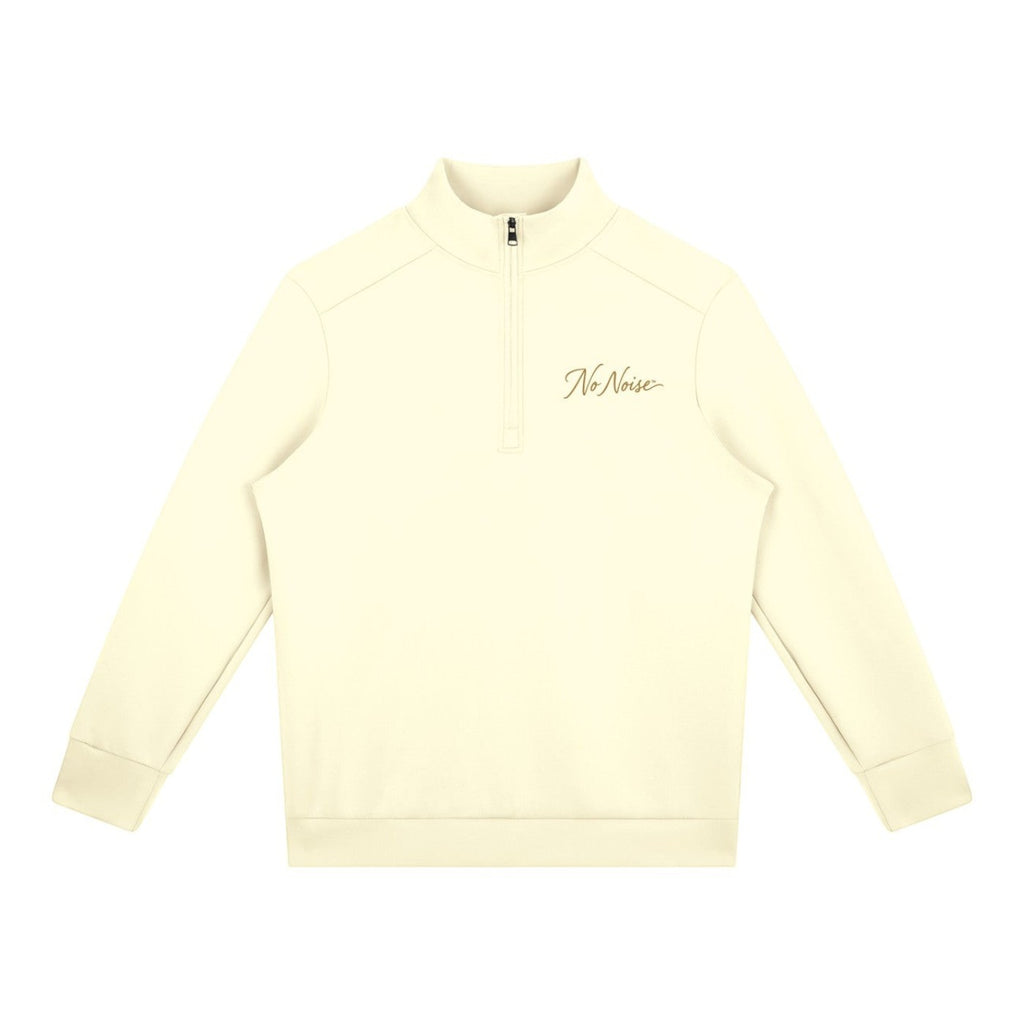 NO NOISE WORLD Signature Quarter Zip in cream polyester blend with stand collar and minimalist script logo