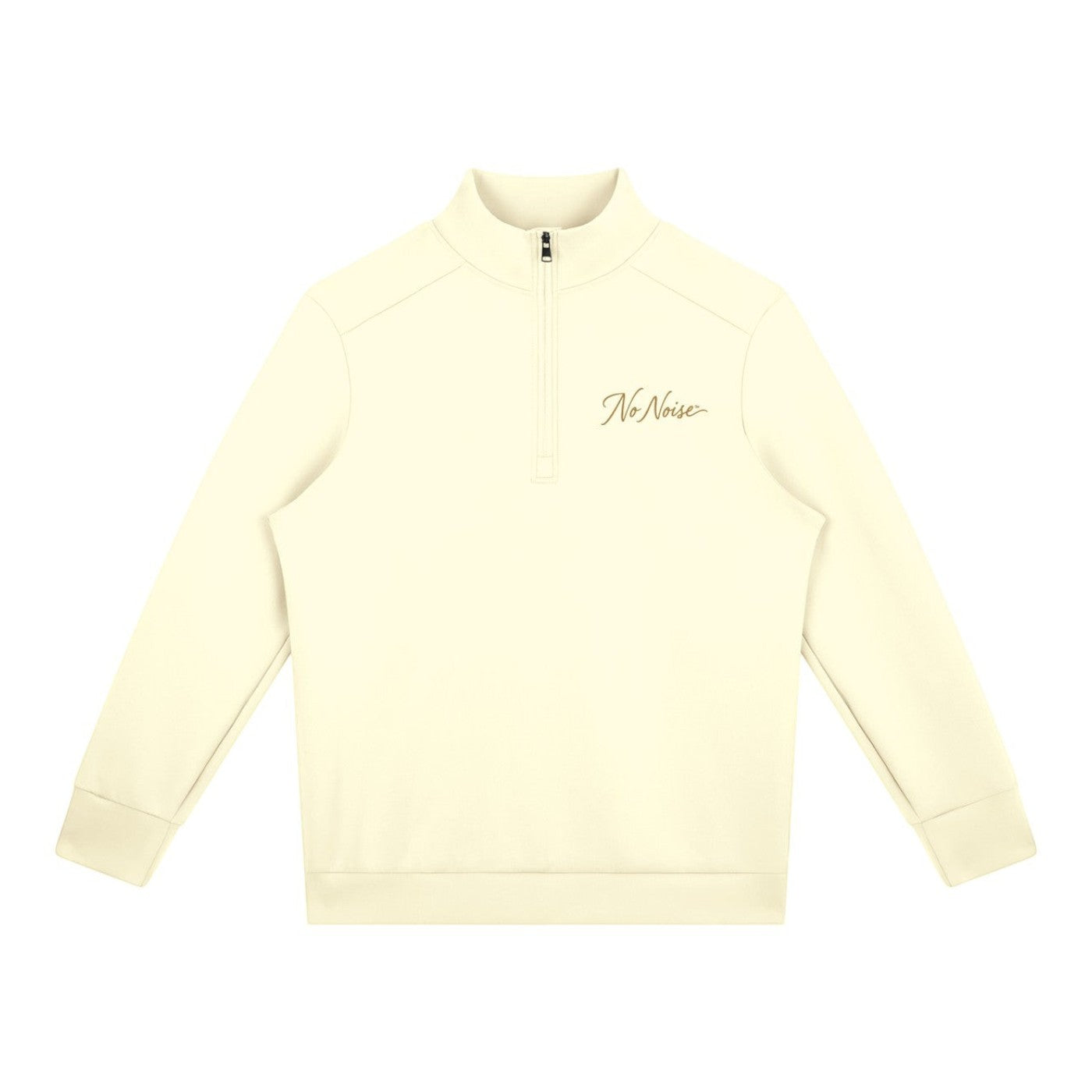 NO NOISE WORLD Signature Quarter Zip in cream polyester blend with stand collar and minimalist script logo