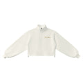 NO NOISE WORLD off-white cropped mock-neck sweatshirt with a quarter-zip closure and long sleeves.