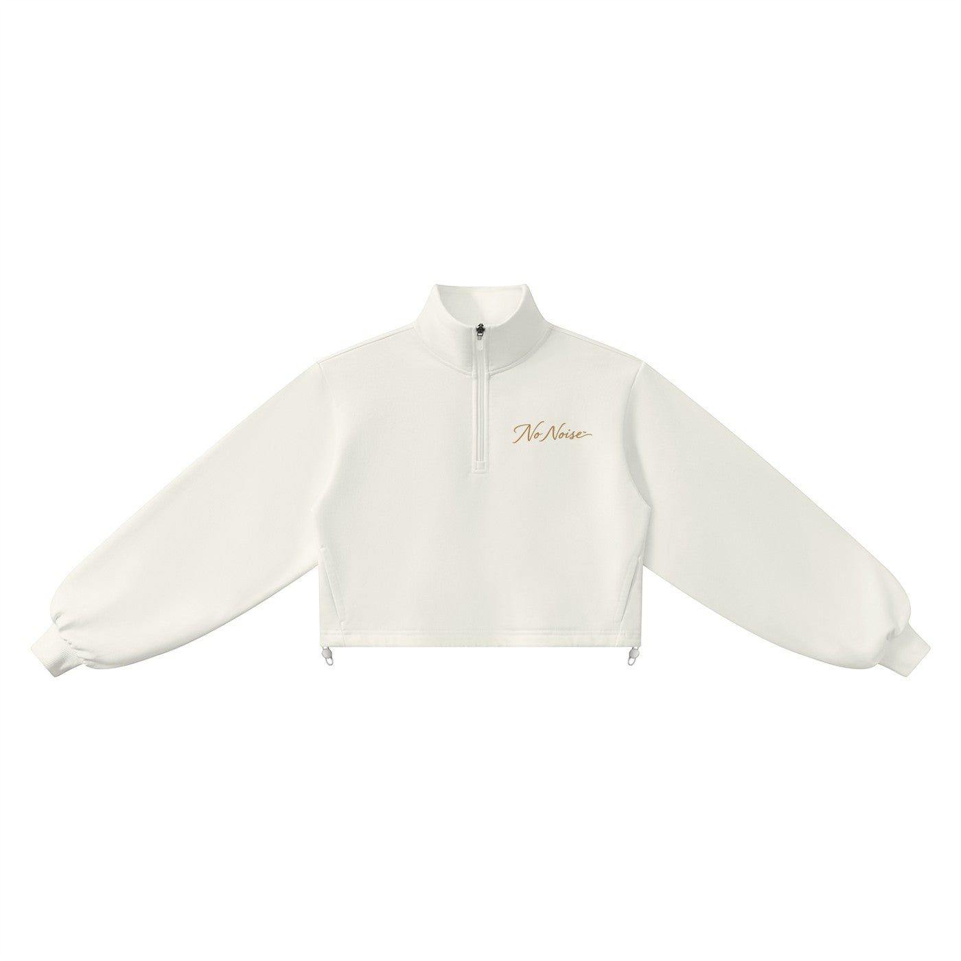 NO NOISE WORLD off-white cropped mock-neck sweatshirt with a quarter-zip closure and long sleeves.