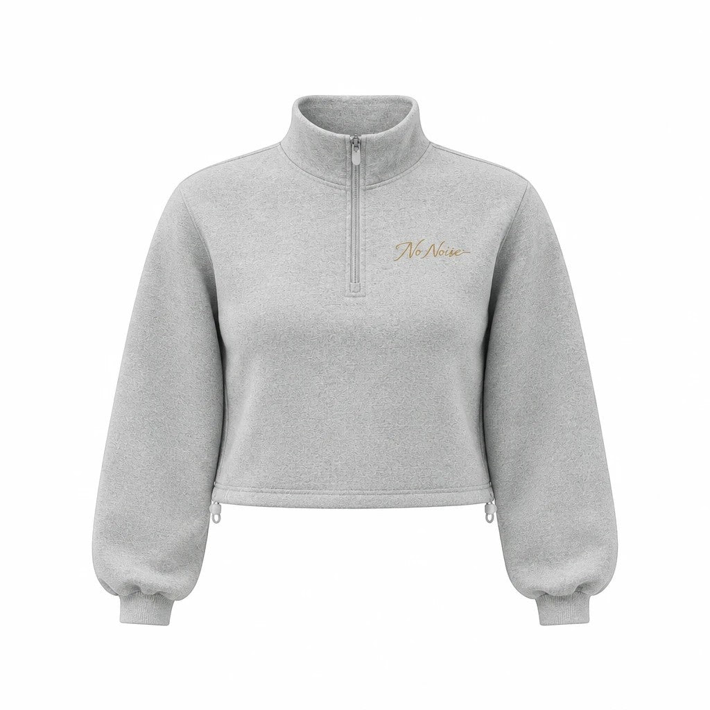 NO NOISE WORLD grey mock-neck quarter-zip cropped sweatshirt with long sleeves and adjustable hem detail.
