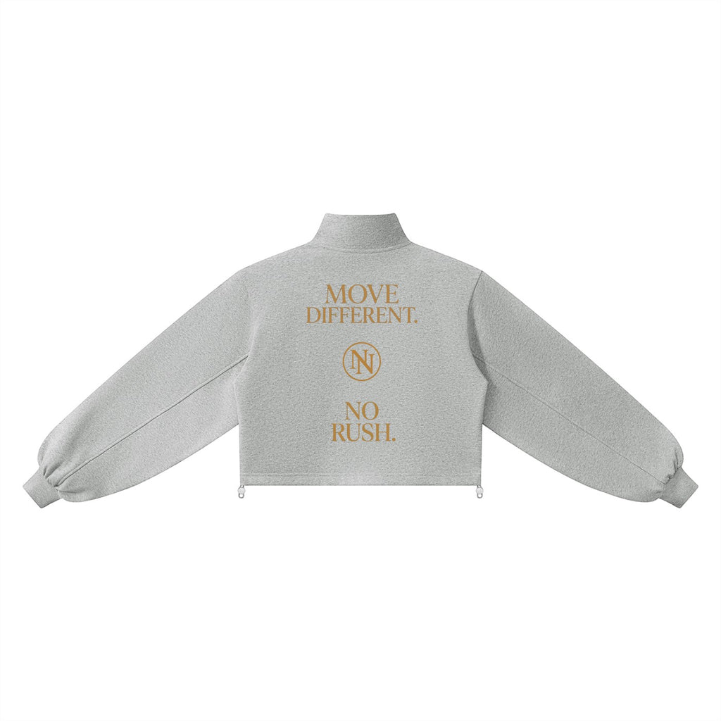 NO NOISE WORLD grey mock-neck quarter-zip sweatshirt with long sleeves, cropped fit, and gold back graphic print.