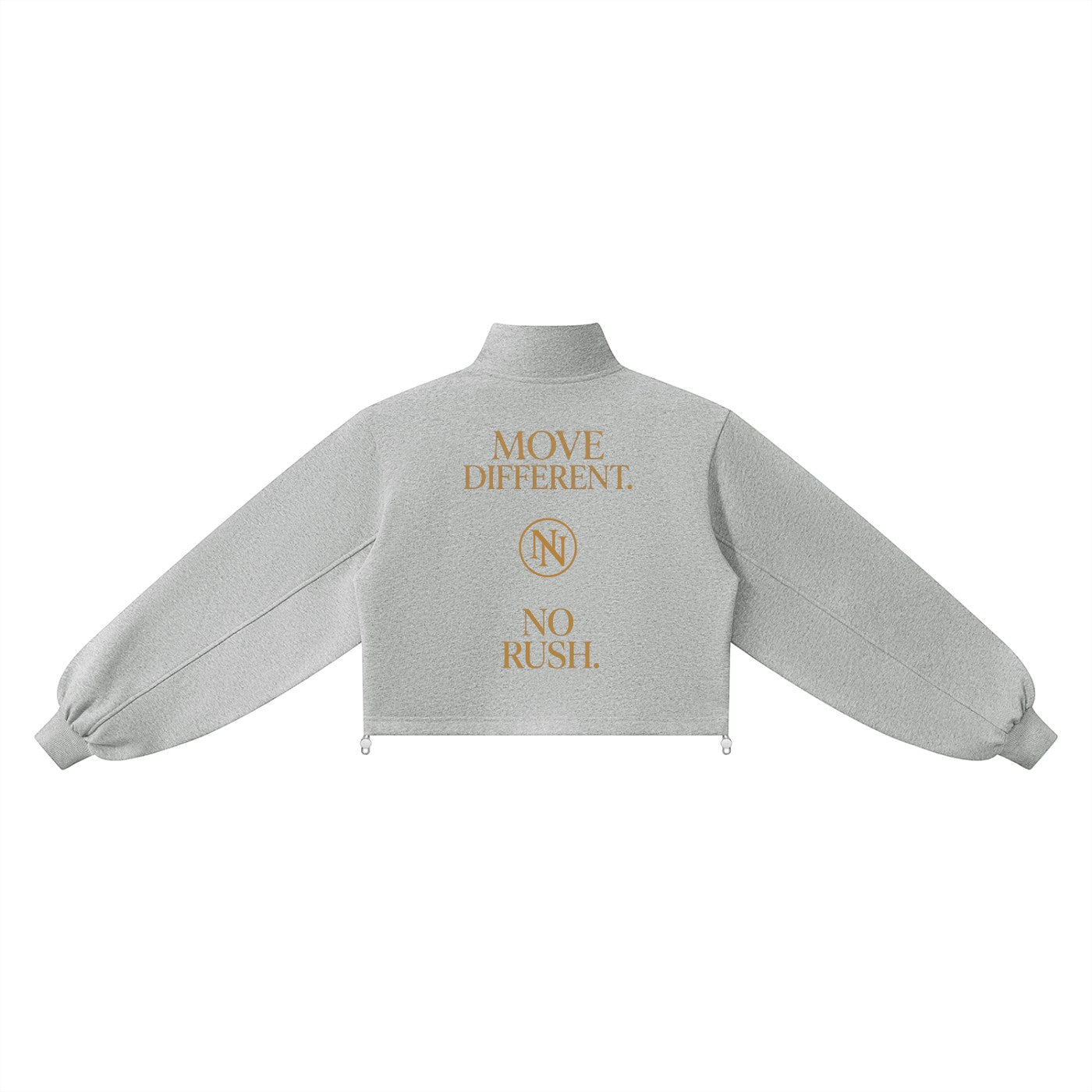 NO NOISE WORLD grey mock-neck quarter-zip sweatshirt with long sleeves, cropped fit, and gold back graphic print.