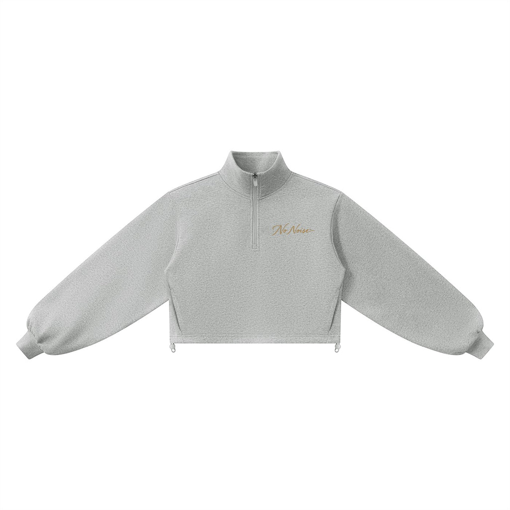 NO NOISE WORLD grey mock-neck quarter-zip cropped sweatshirt in a thick cotton blend with long sleeves.