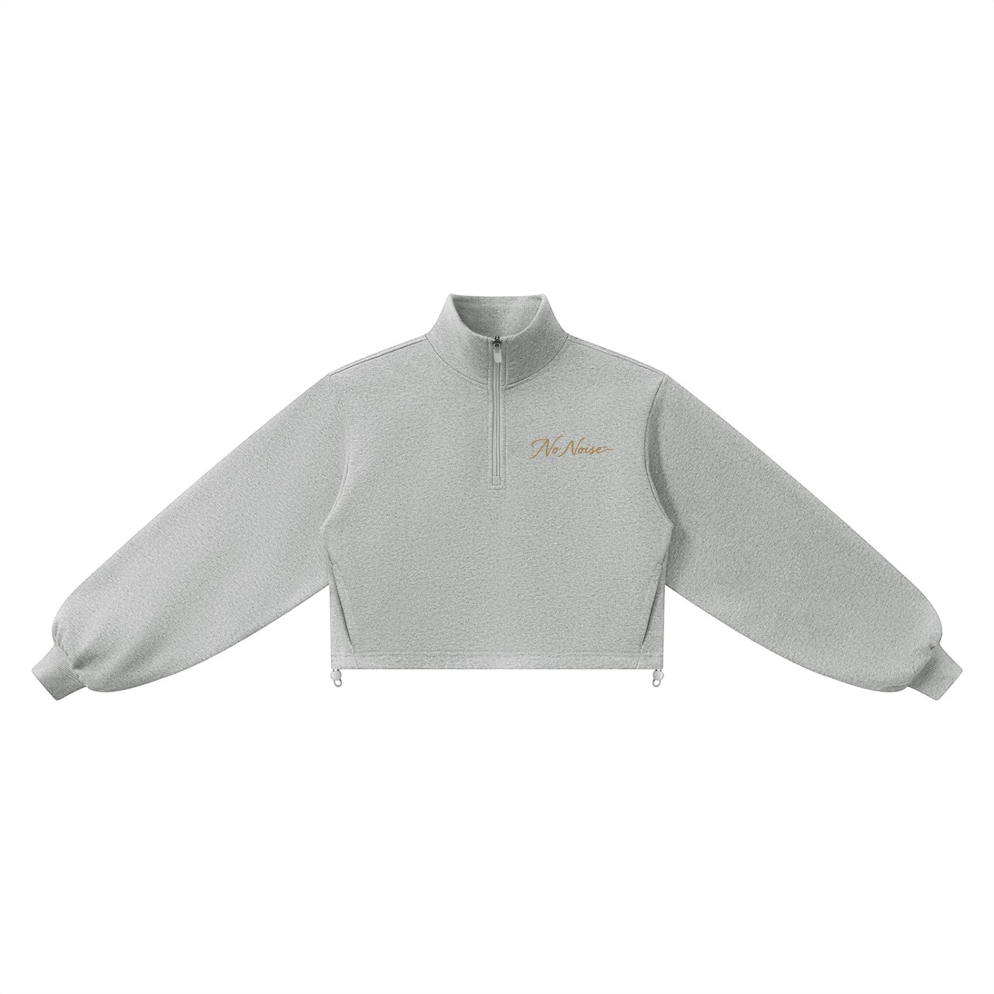 NO NOISE WORLD grey mock-neck quarter-zip cropped sweatshirt in a thick cotton blend with long sleeves.