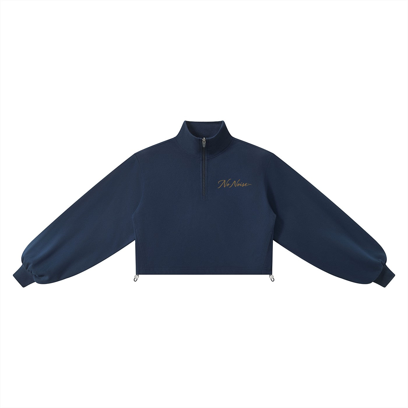 NO NOISE WORLD navy blue mock-neck quarter-zip sweatshirt with long sleeves and a cropped, loose fit.