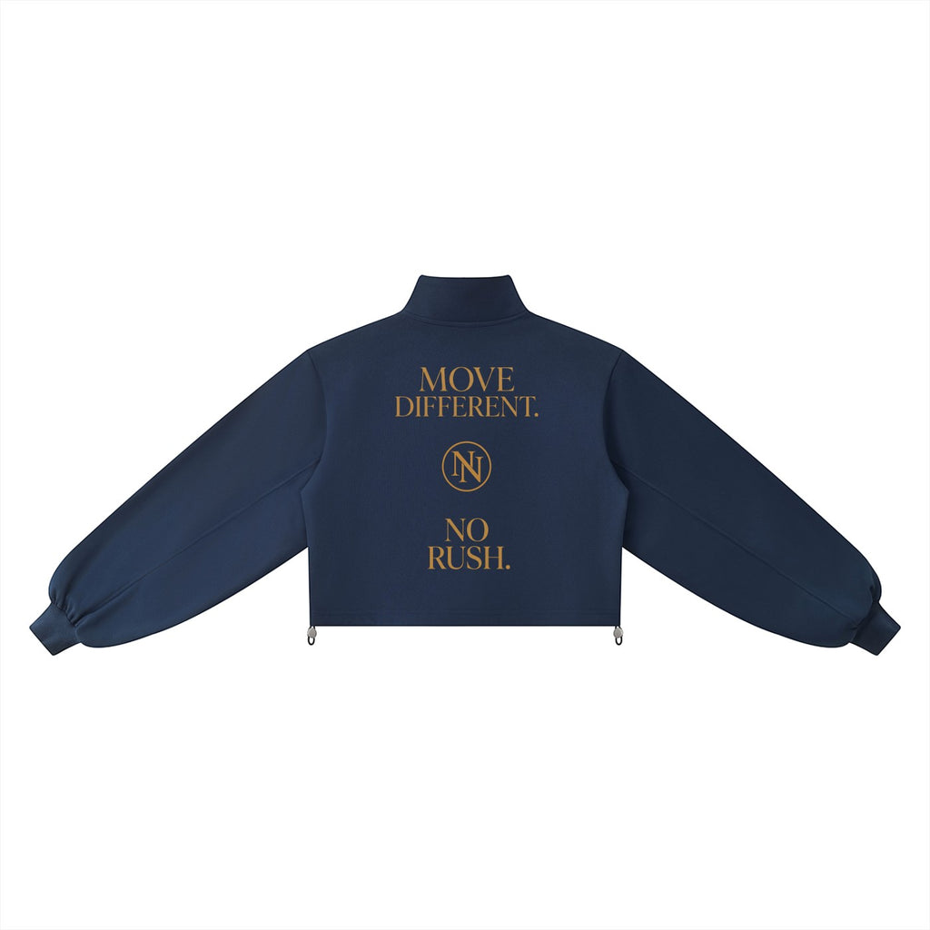 NO NOISE WORLD navy blue mock-neck quarter-zip sweatshirt with gold text print on the back, loose fit, long sleeves.