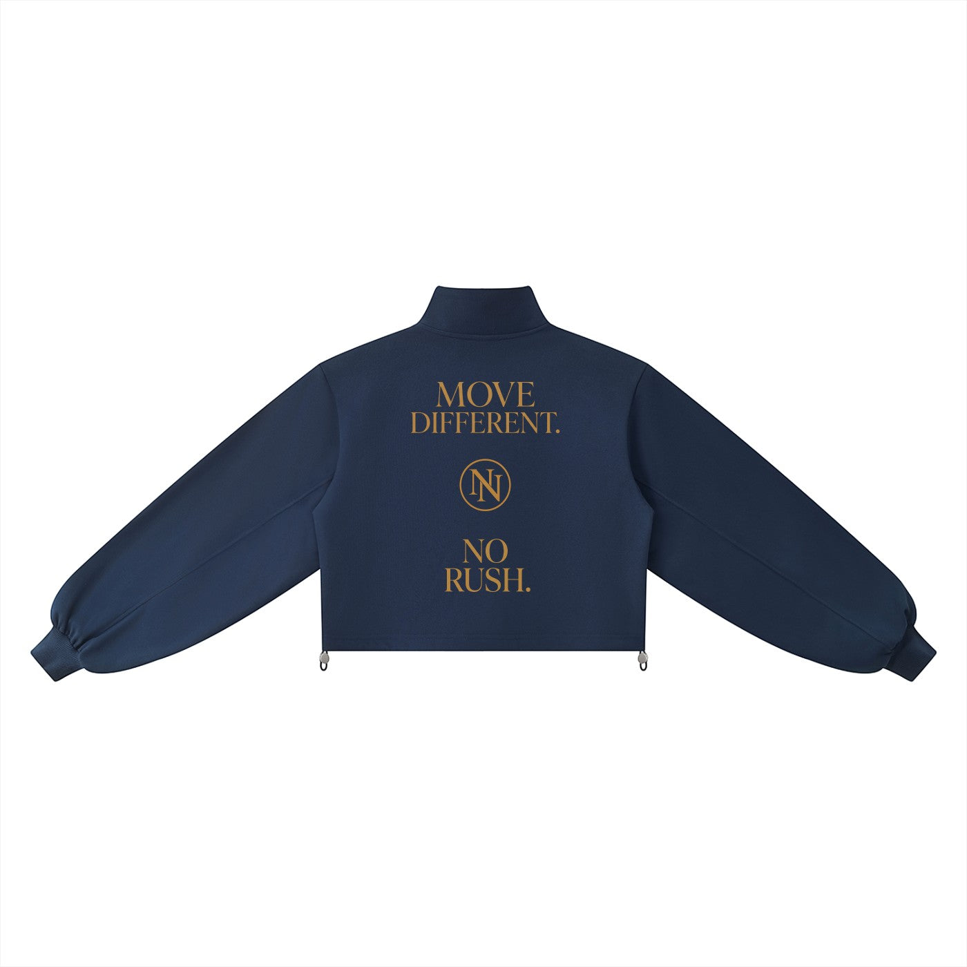 NO NOISE WORLD navy blue mock-neck quarter-zip sweatshirt with gold text print on the back, loose fit, long sleeves.