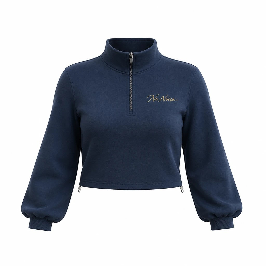 NO NOISE WORLD navy blue mock-neck quarter-zip crop sweatshirt with long sleeves and gold embroidered logo