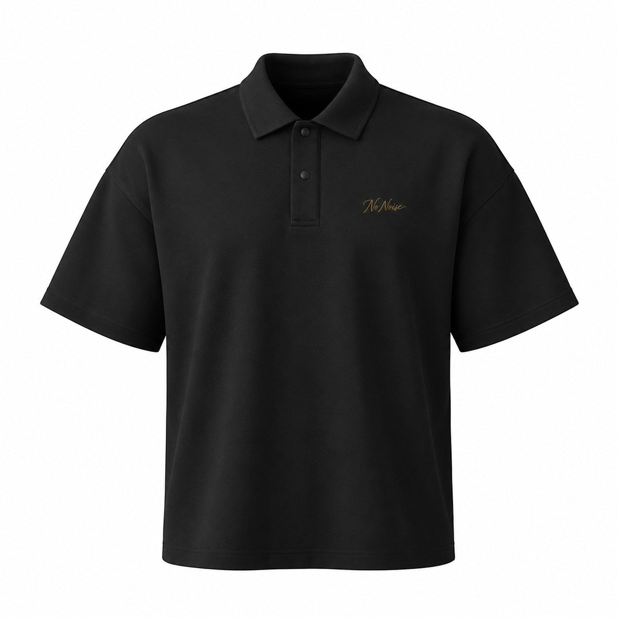 NO NOISE WORLD Signature Drop Shoulder Polo in shadow black with a subtle embroidered logo on the chest.