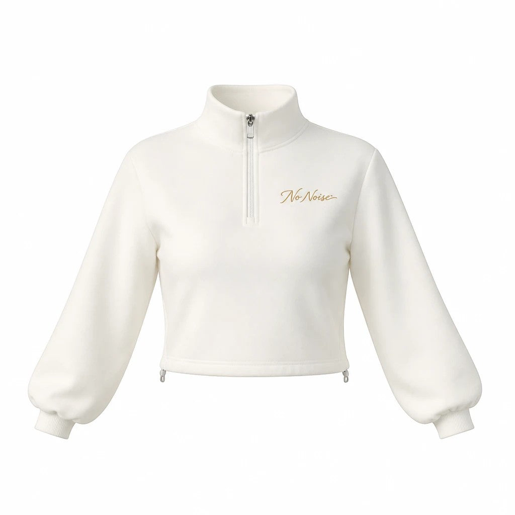 NO NOISE WORLD women's white cropped mock-neck quarter-zip sweatshirt with long sleeves and gold embroidered logo