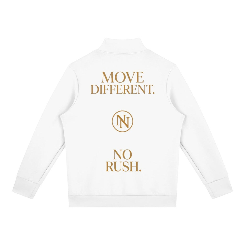 NO NOISE WORLD white polyester blend quarter zip featuring gold MOVE DIFFERENT NO RUSH text and logo on the back