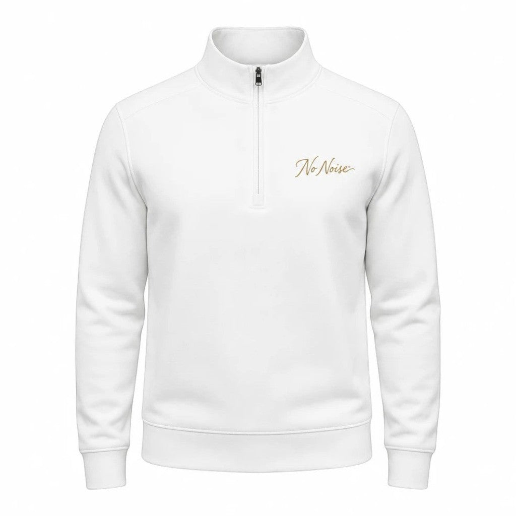 NO NOISE WORLD white quarter-zip track jacket with gold embroidered logo on the chest and ribbed cuffs