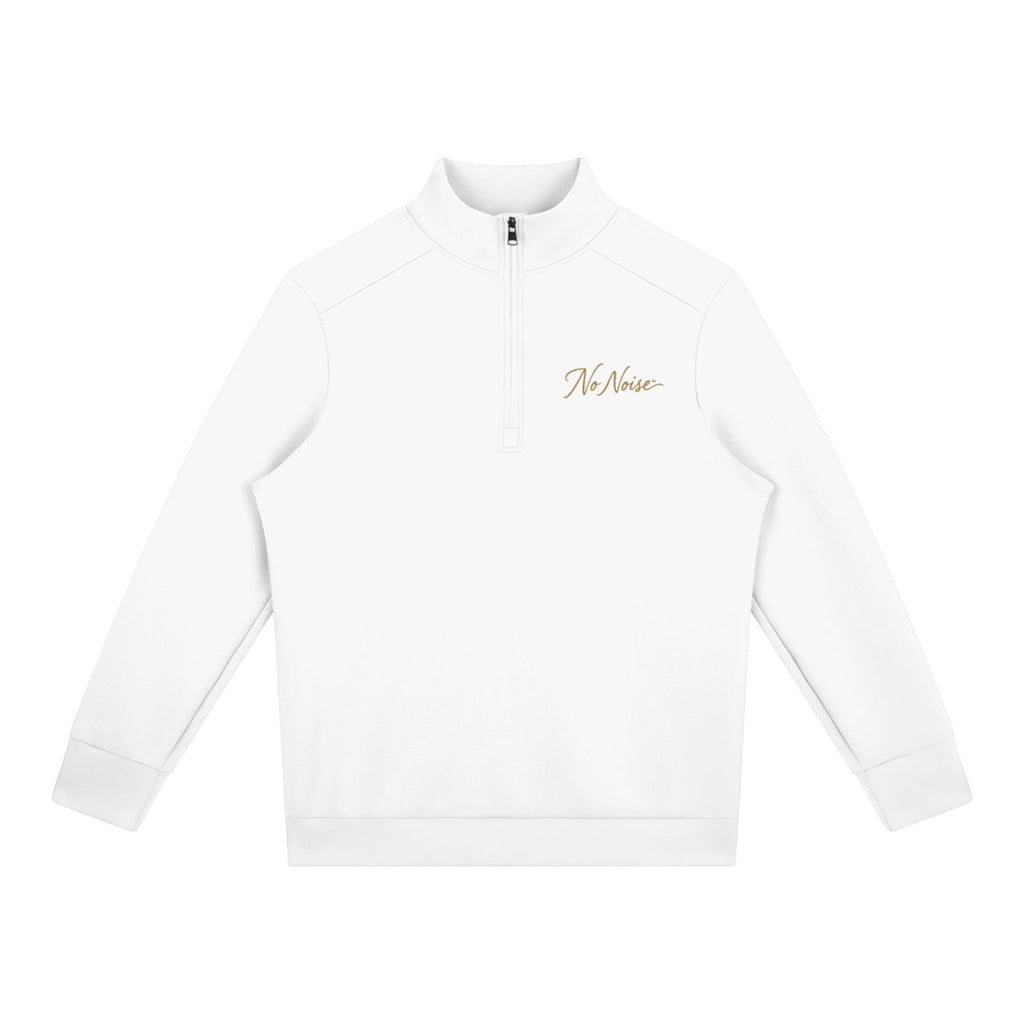 NO NOISE WORLD white quarter zip pullover with stand collar and gold script logo on chest