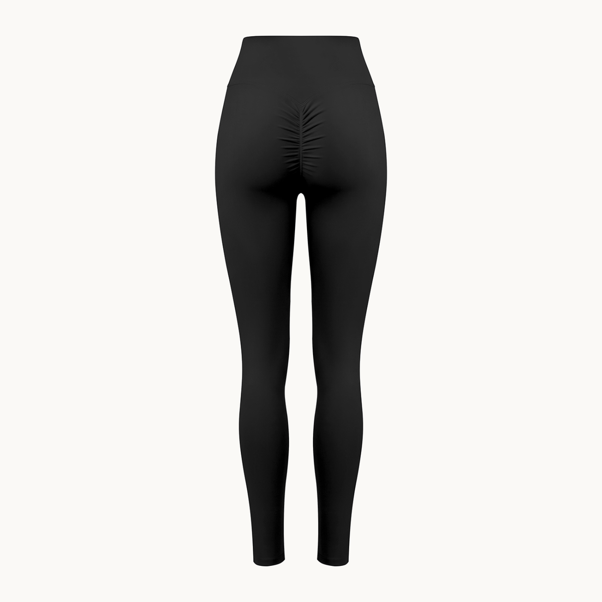 Poise High-Rise Leggings — Onyx, black, back shaped product view showing ruched seam. On warm ivory.