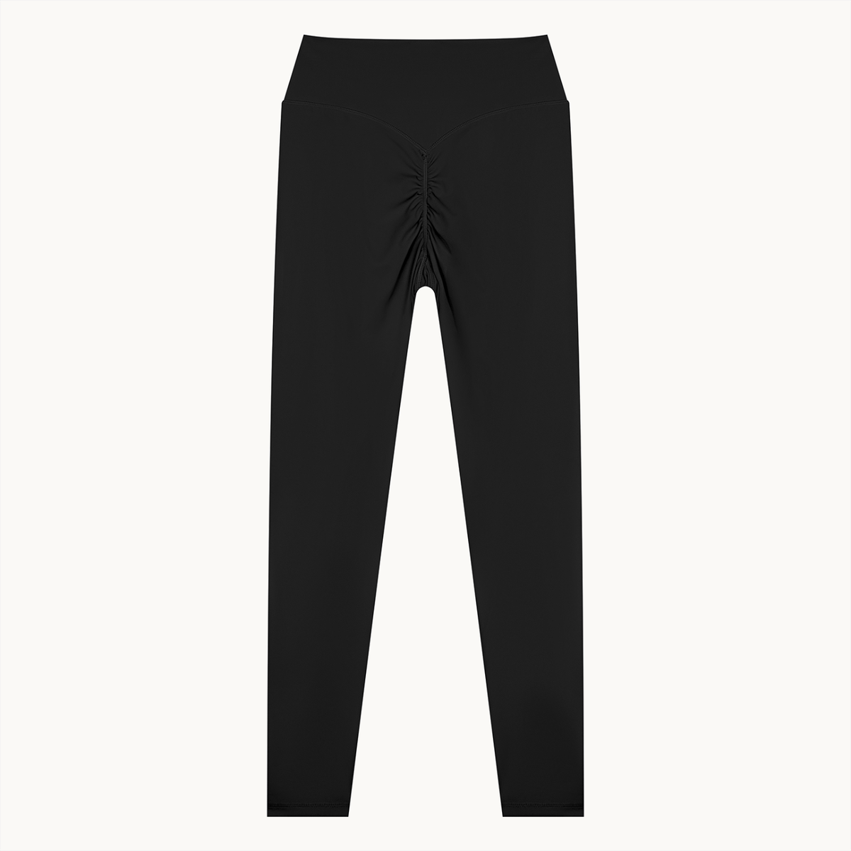 Poise High-Rise Leggings — Onyx, black, back flat view showing ruched seam. On warm ivory.