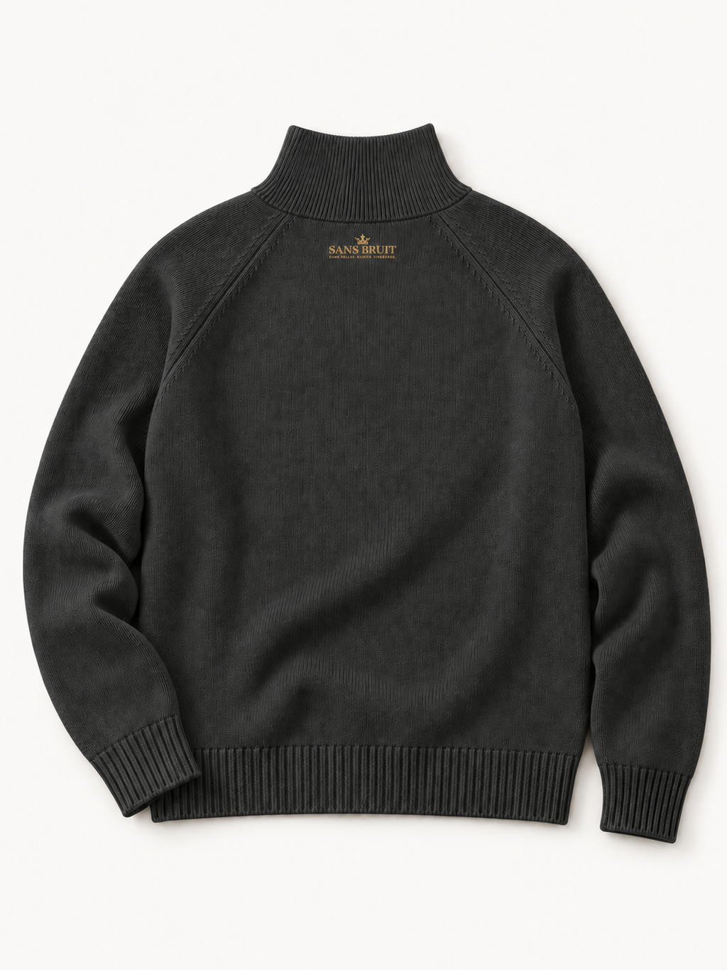 Sans Bruit Quarter-Zip Pullover — Charcoal — back flat lay on warm ivory.