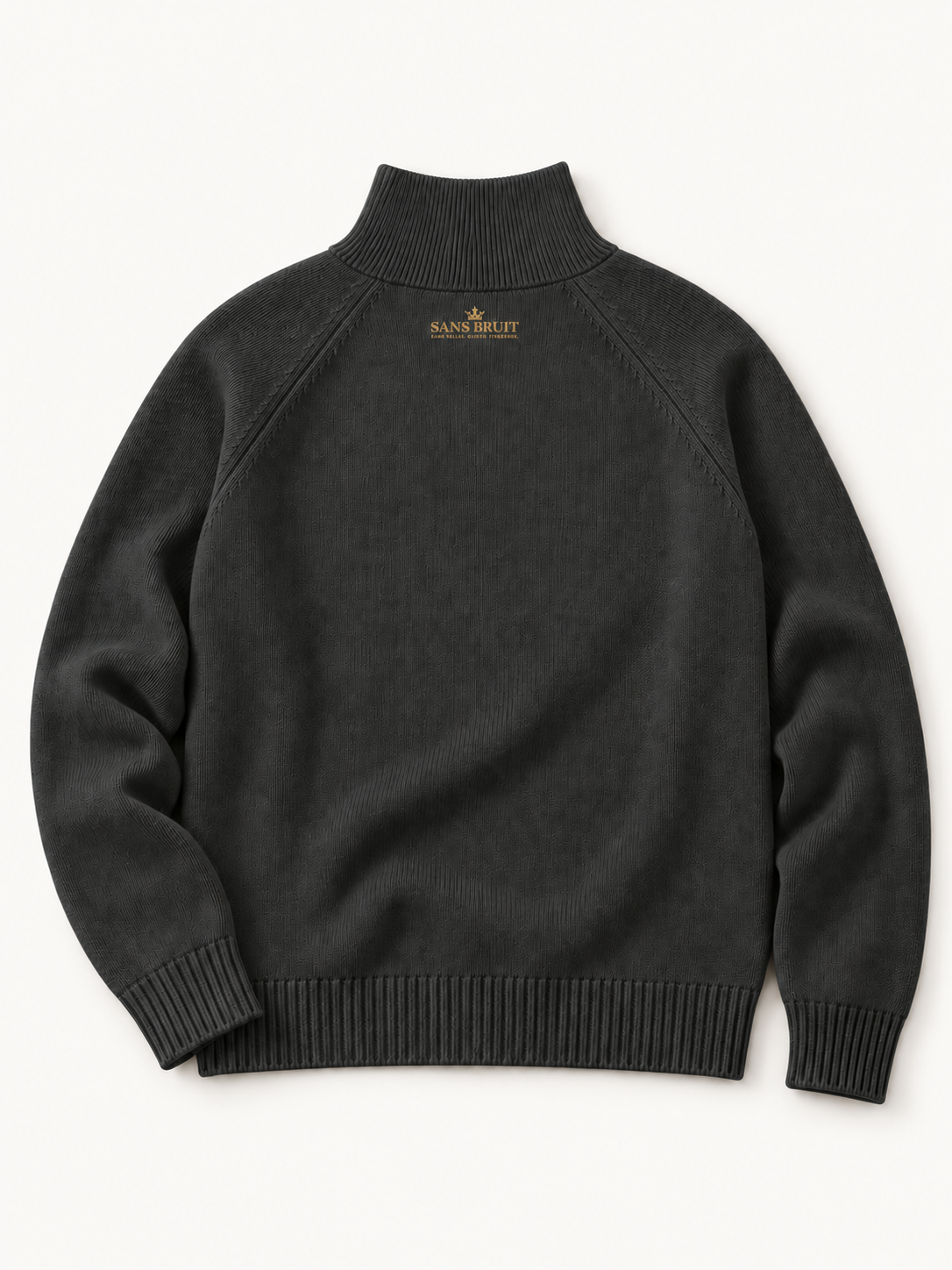 Sans Bruit Quarter-Zip Pullover — Charcoal — back flat lay on warm ivory.