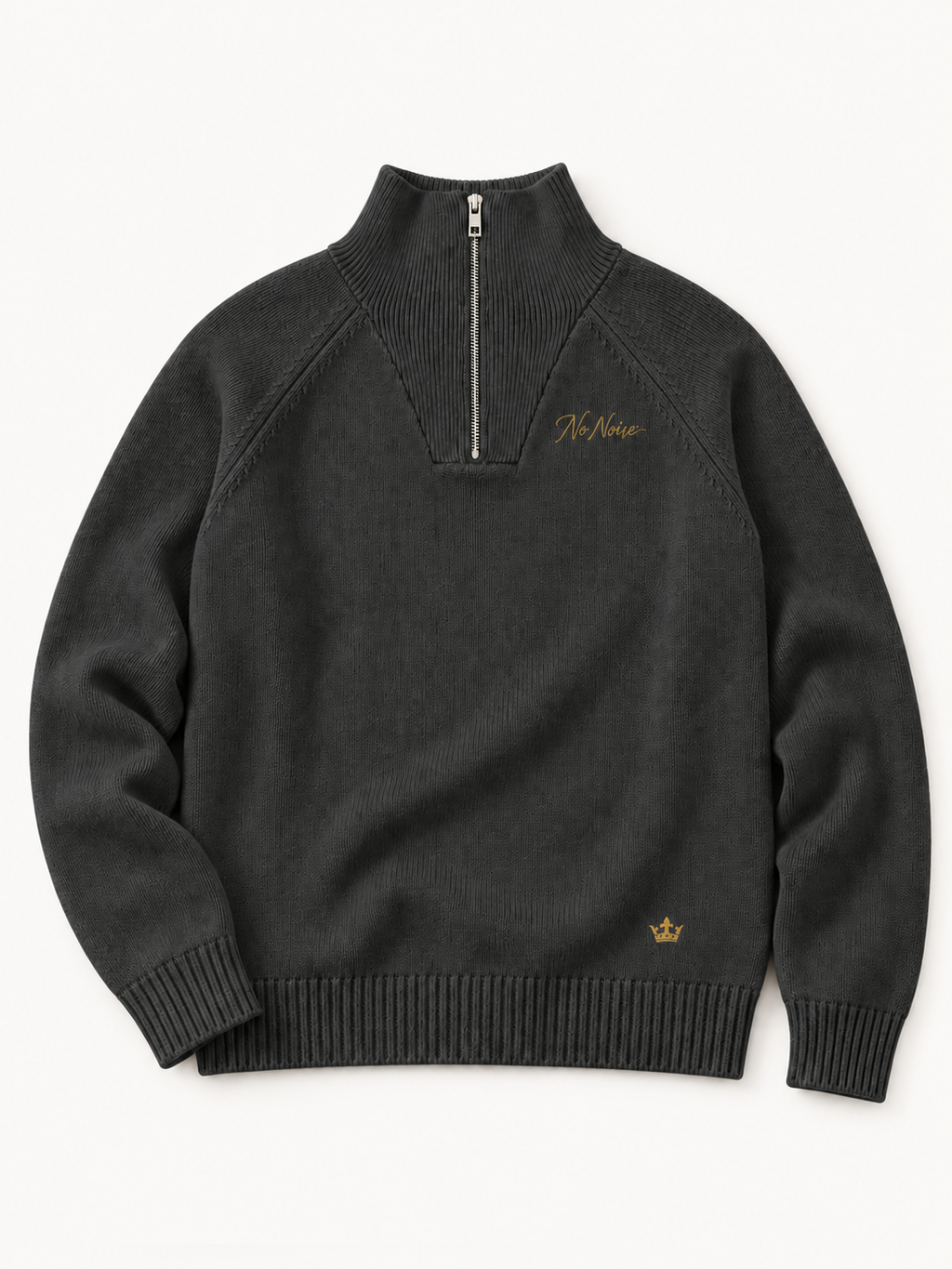 Sans Bruit Quarter-Zip Pullover — Charcoal — front flat lay on warm ivory.