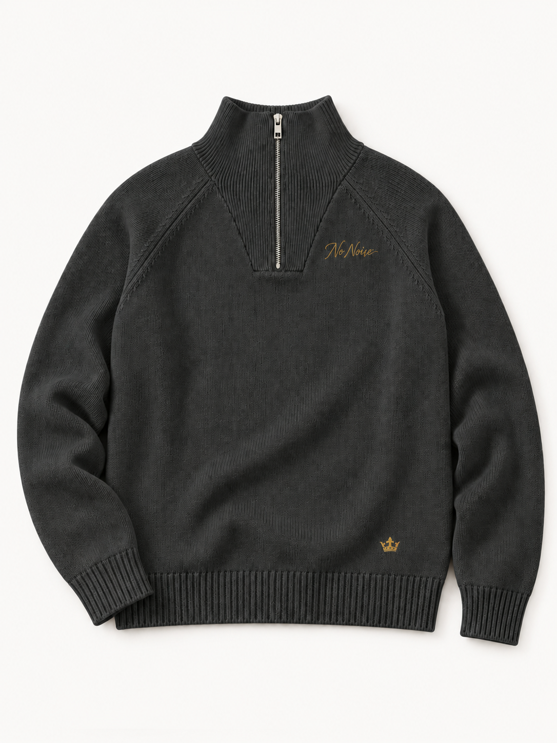 Sans Bruit Quarter-Zip Pullover — Charcoal — front flat lay on warm ivory.