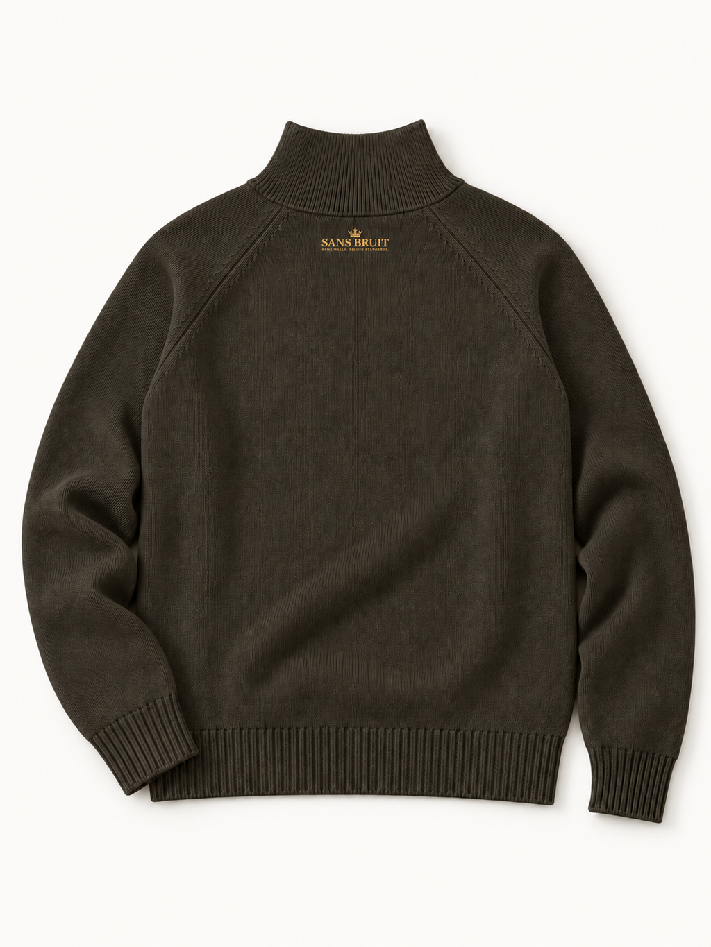 Sans Bruit Quarter-Zip Pullover — Espresso — back flat lay on warm ivory.