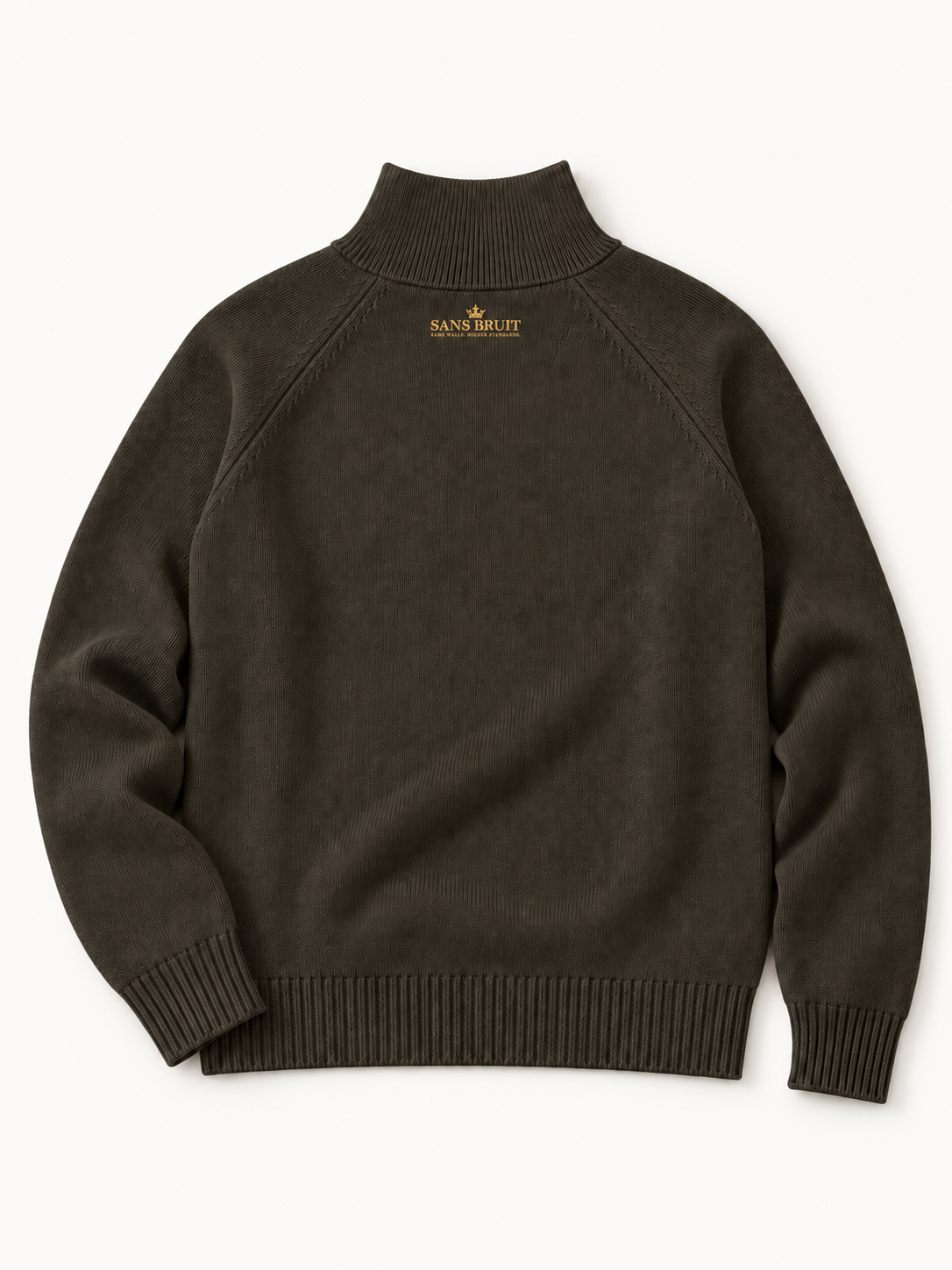 Sans Bruit Quarter-Zip Pullover — Espresso — back flat lay on warm ivory.