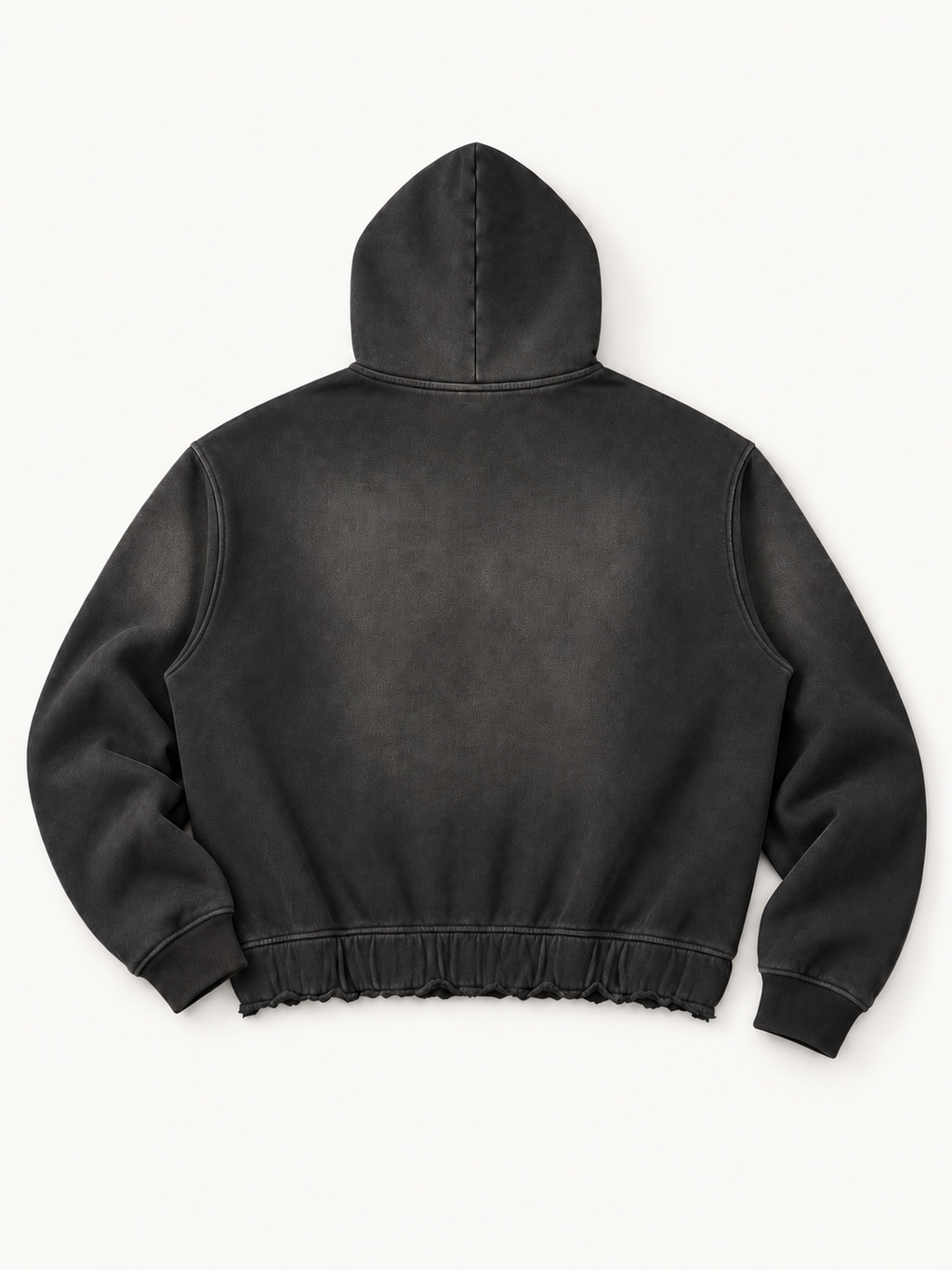 Sans Bruit Distressed Boxy Hoodie — Washed Black — back flat lay on warm ivory.