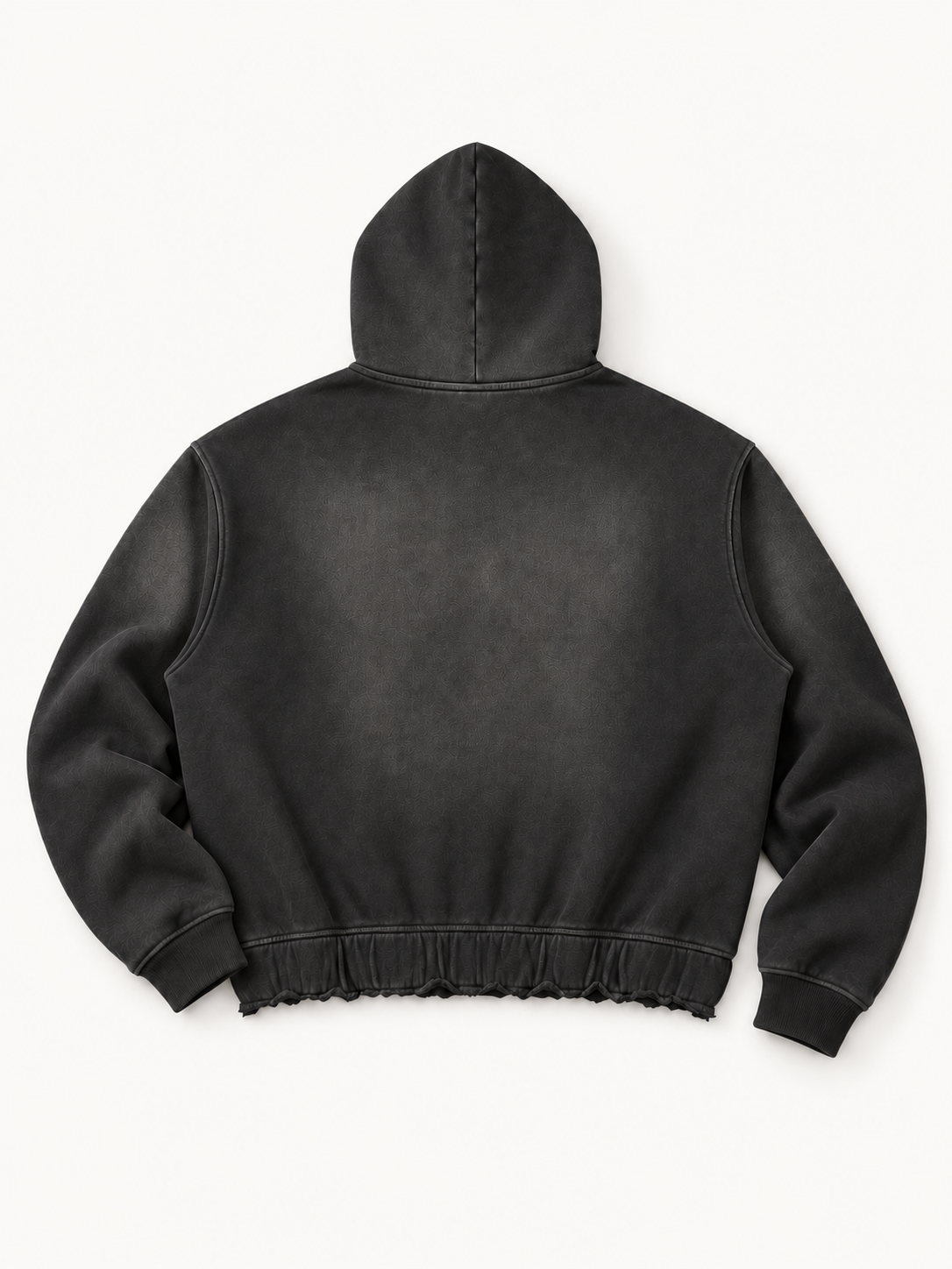 Sans Bruit Distressed Boxy Hoodie — Washed Black — back flat lay on warm ivory.