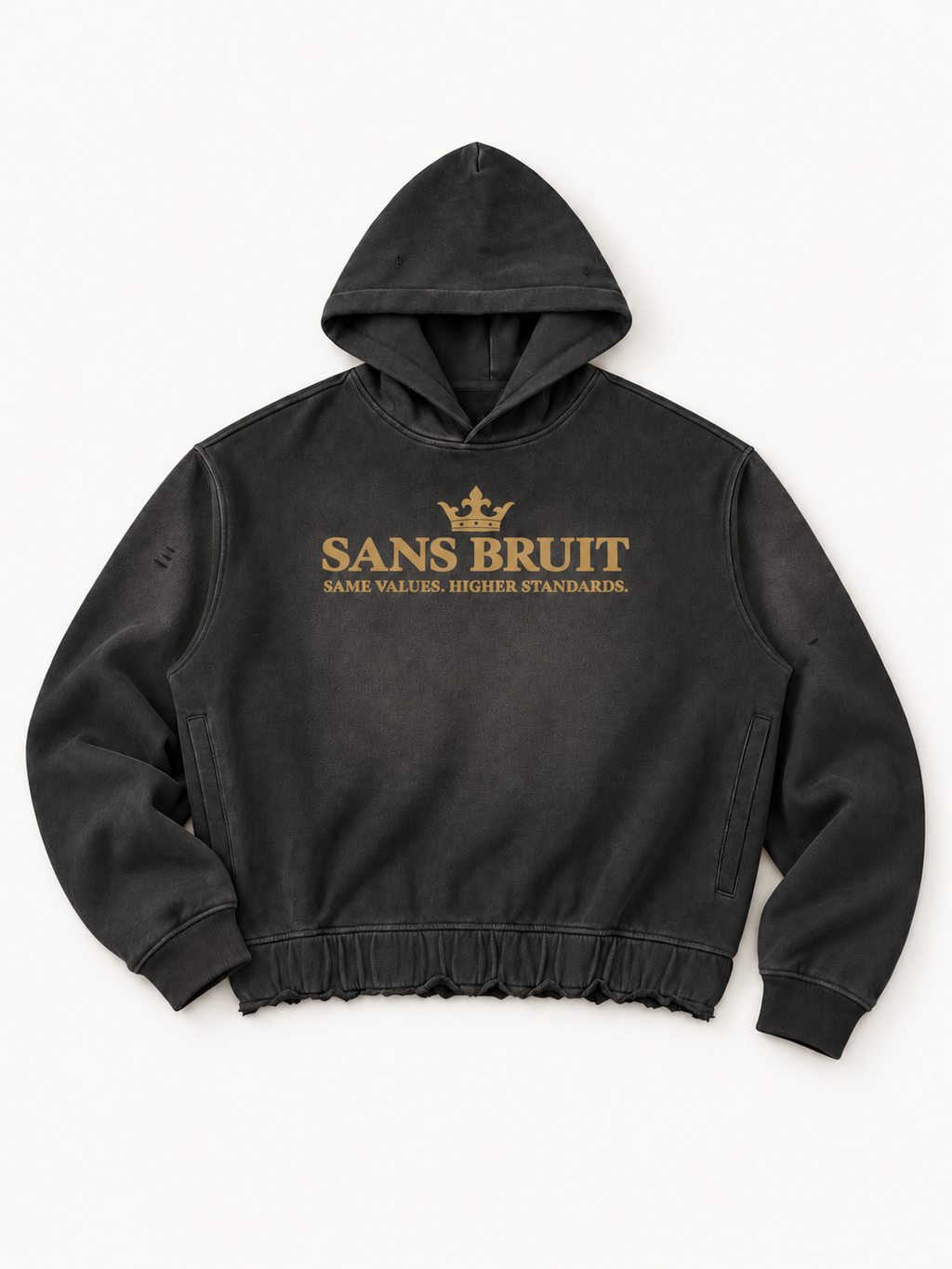 Sans Bruit Distressed Boxy Hoodie — Washed Black — front flat lay on warm ivory.