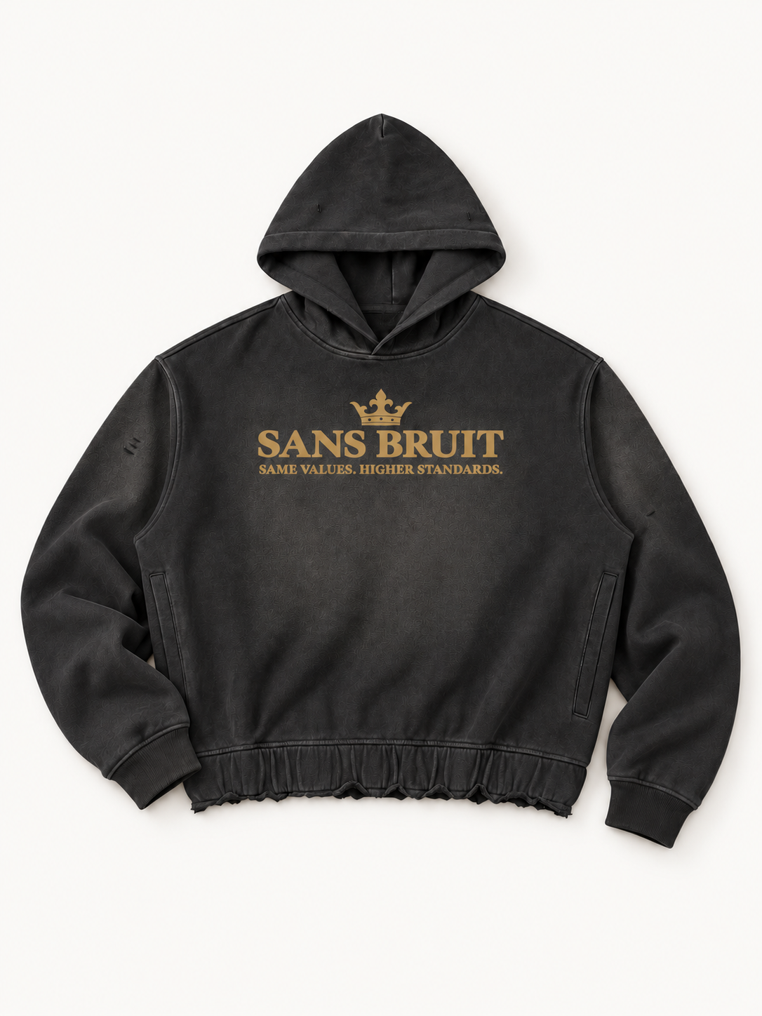Sans Bruit Distressed Boxy Hoodie — Washed Black — front flat lay on warm ivory.